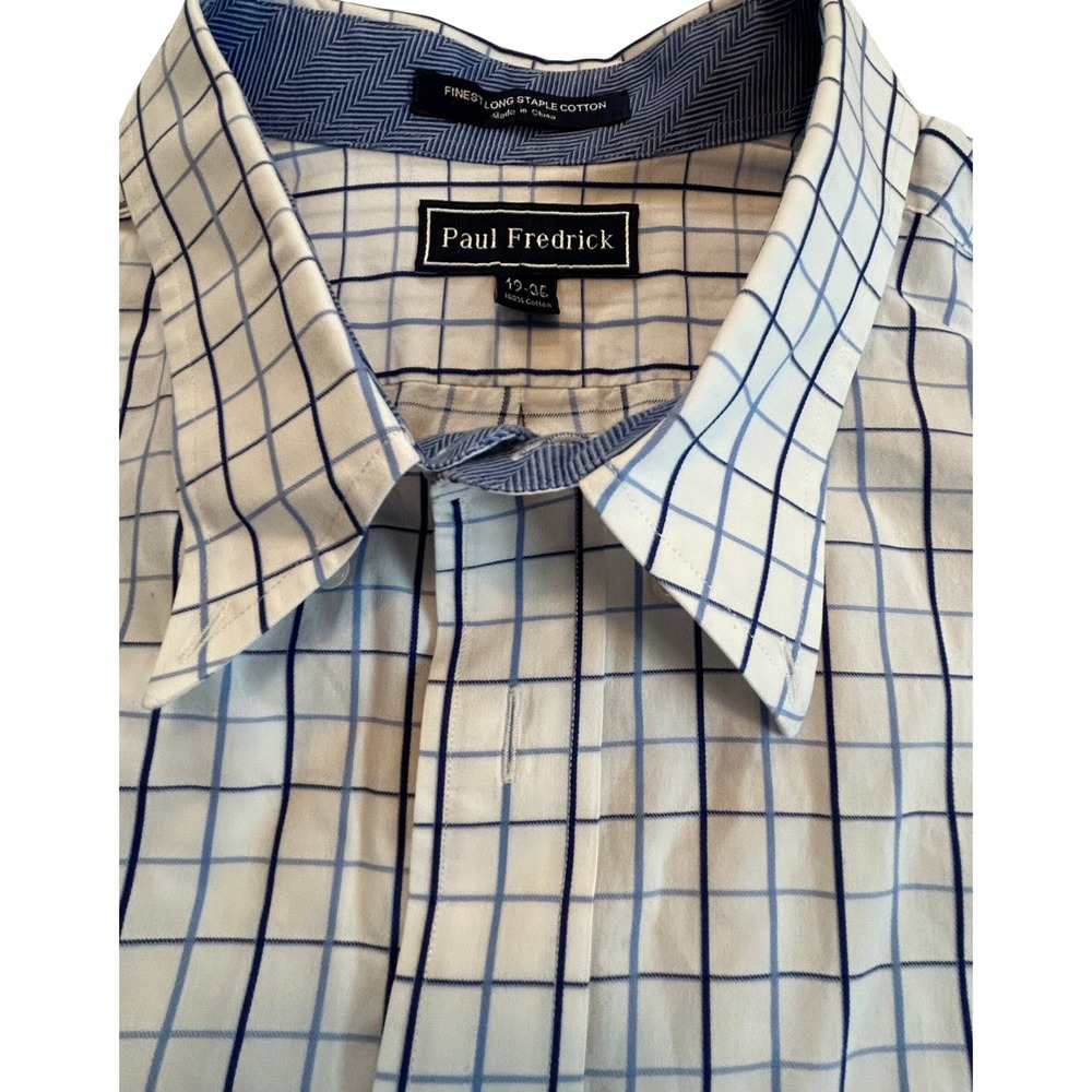 Paul Fredrick Mens Dress Shirt Long Sleeve Blue White Check 19X35 100% Cotton